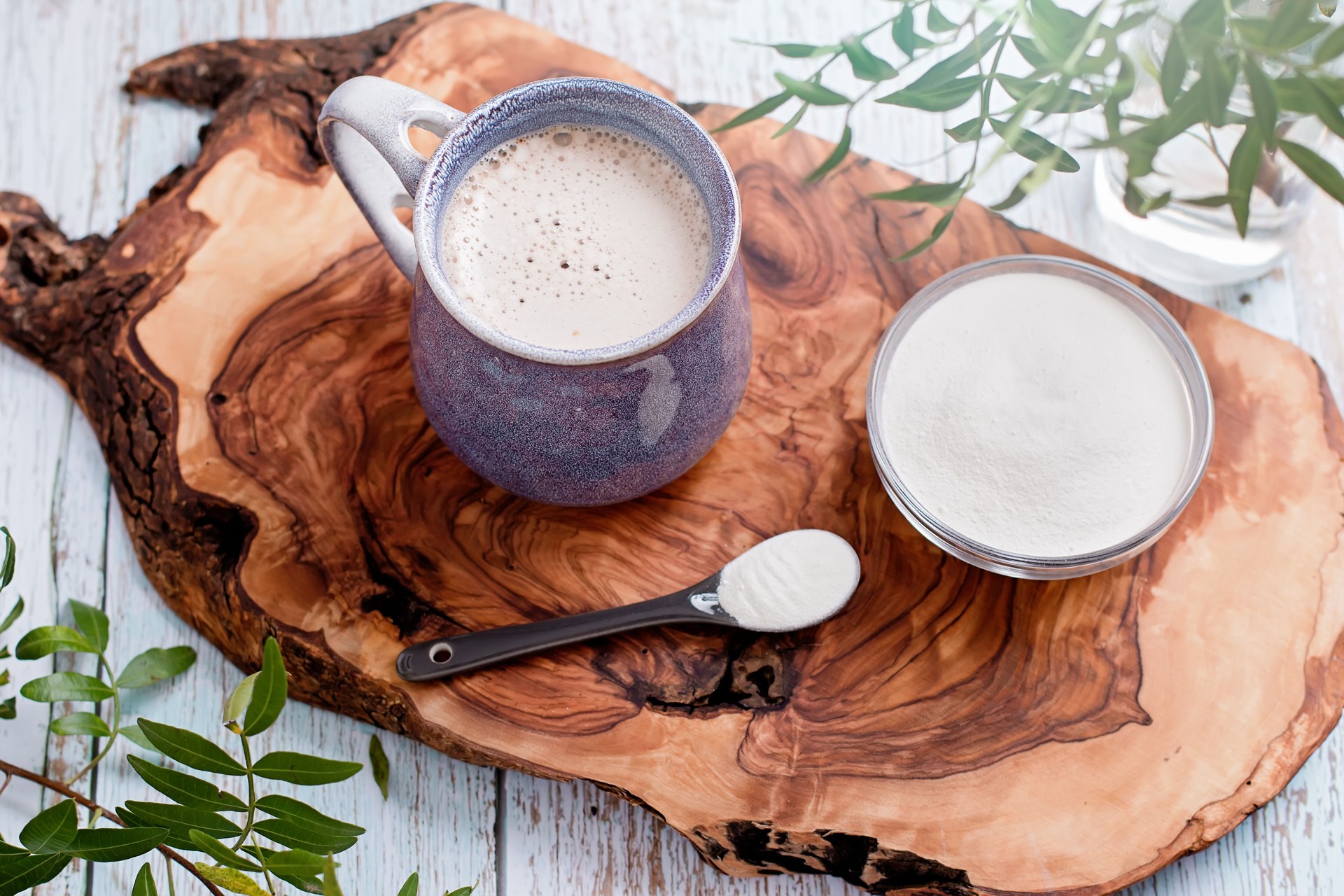 Mug with coffee and collagen powder, Beauty collagen supplement, additional collagen intake